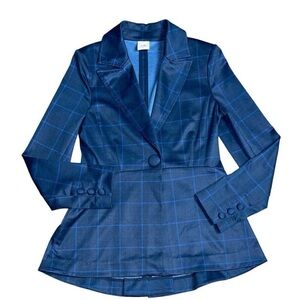 Cabi Women's Blazer Blue 8 Check Windowpane Single Button Flounce Long Sleeve